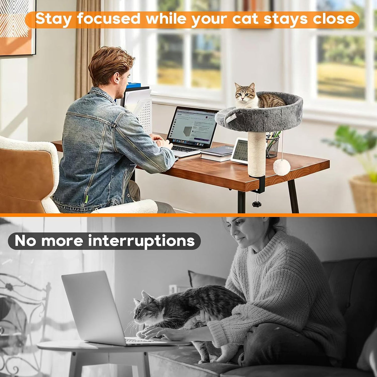 Cat Bed for Desk with Scratching Post – Cozy Elevated Cat Perch with Secure Clamp, Sturdy 50 lb Desk Bed & Hanging Toy for Home Office