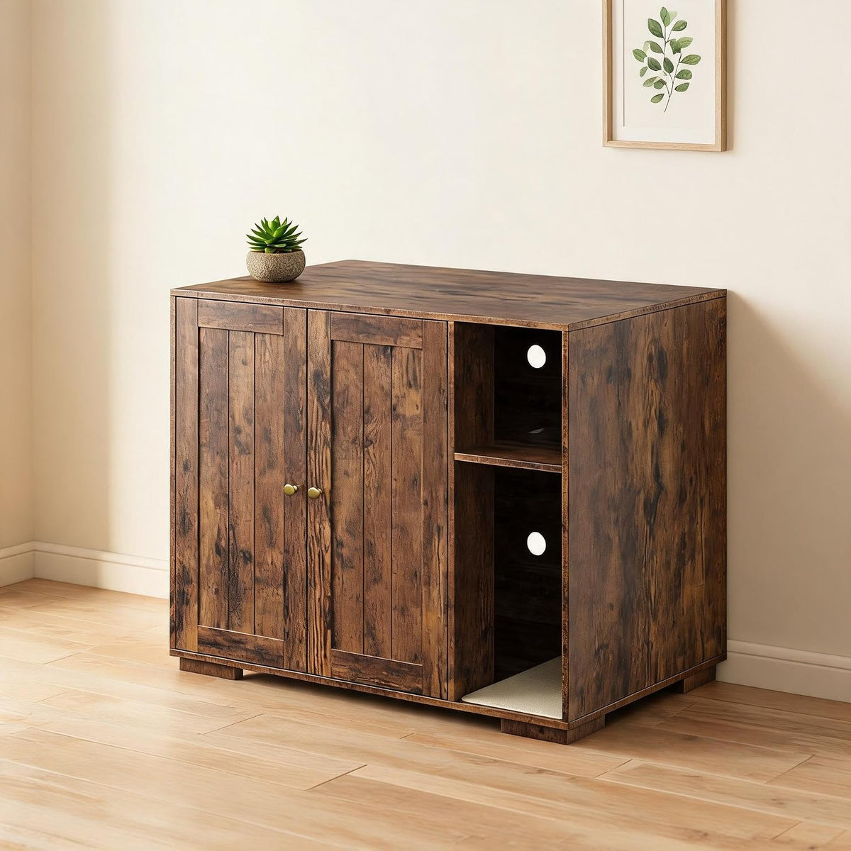 Cat Litter Box Enclosure Cabinet for Auto Robot with Power Outlet, Brown