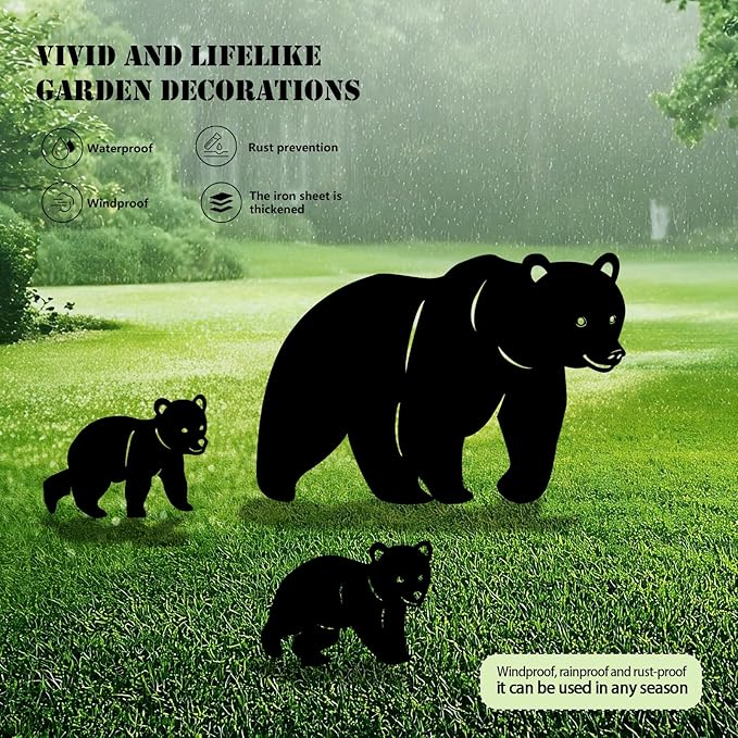 3 Pack Bear Metal Garden Decorative Stakes, Weather Proof Silhouette Statues - Image 3