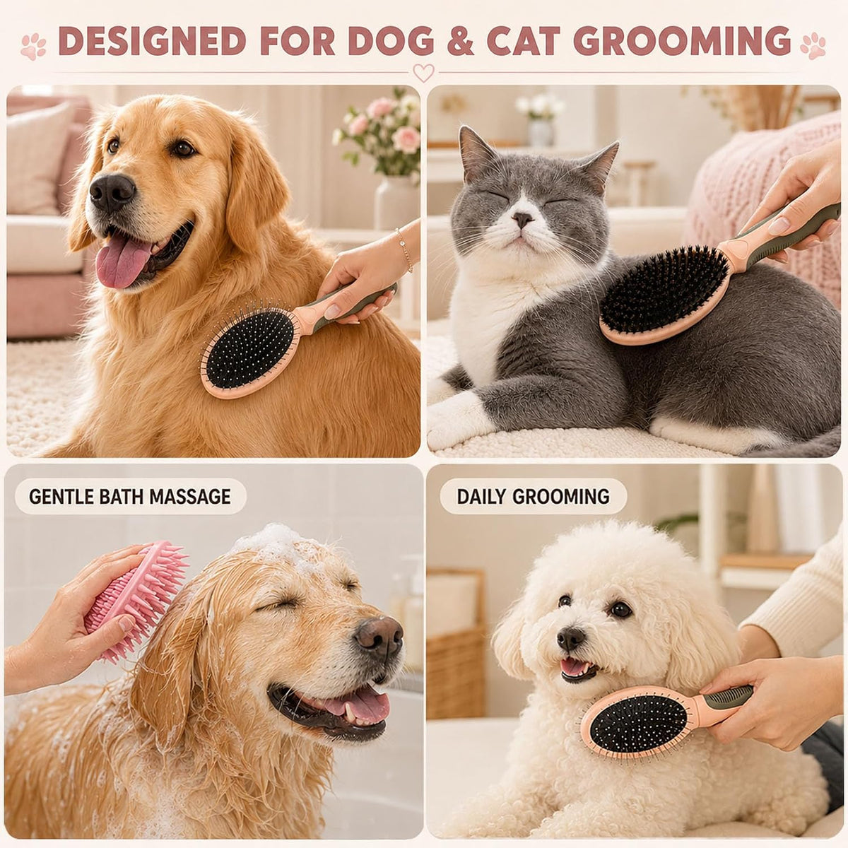 2PCS Double Sided Dog Grooming Brush w/Silicone Dog Bath Brush Pink