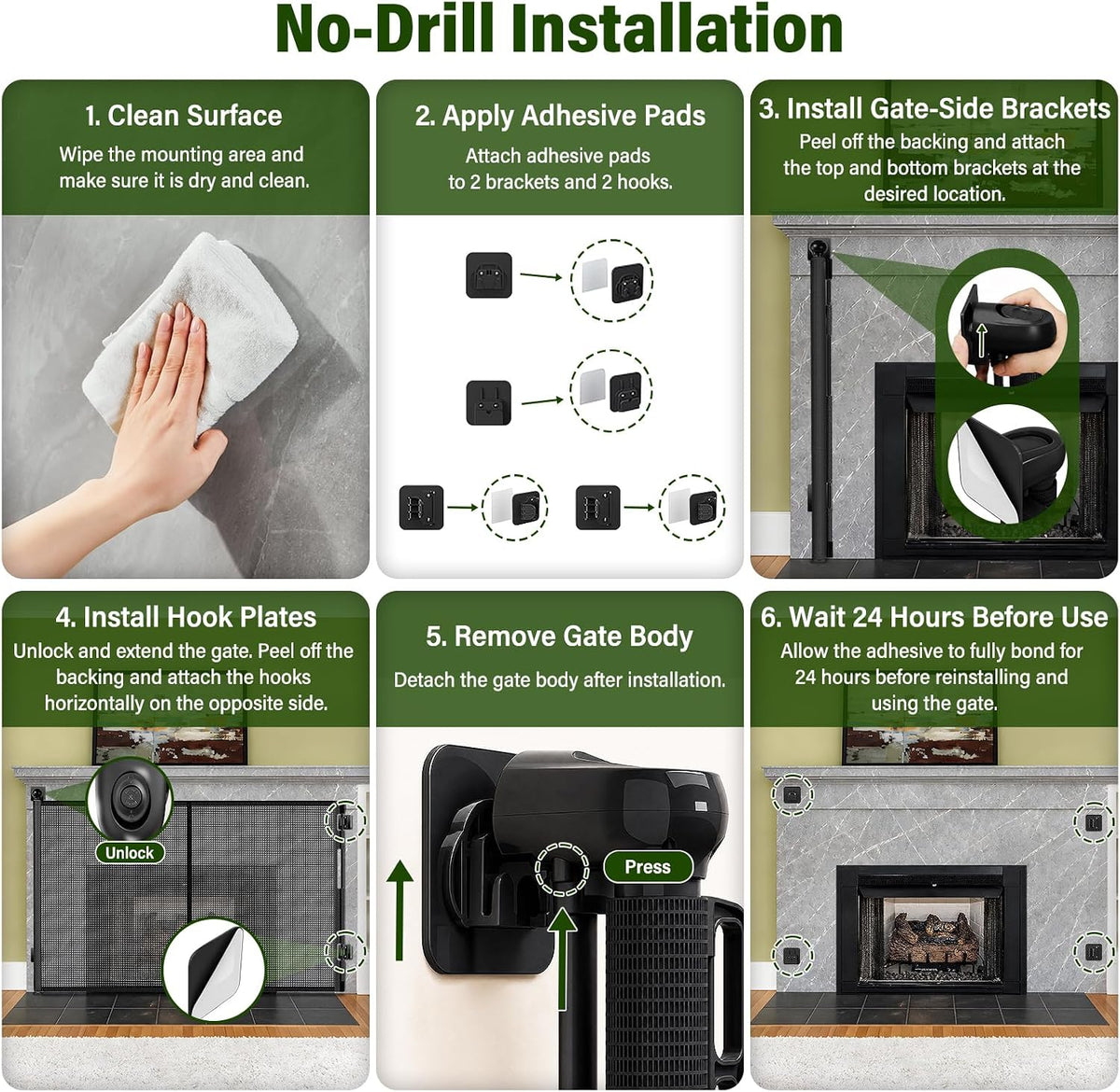 No Drill Retractable Baby Gate for Fireplace, 33" H × 55" W, Easy Install