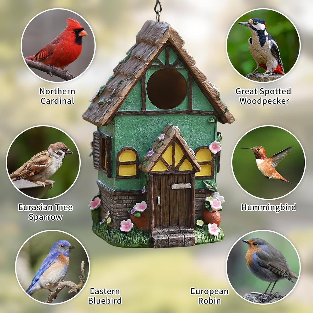 Bird Houses for Outside Rustic Cottage Thatch Roof Birdhouse with Flowers – Hand-Painted Resin Birdhouses for Outdoors for Bluebird Finches Cardinals Bird Nesting Garden, Patio, Yard