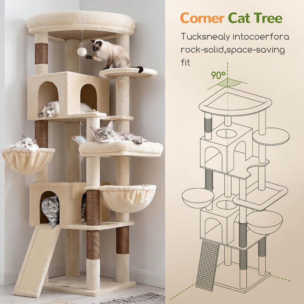 Globlazer Maine Coon Corner Cat Tree for Indoor Cats 74in, C74, Beige