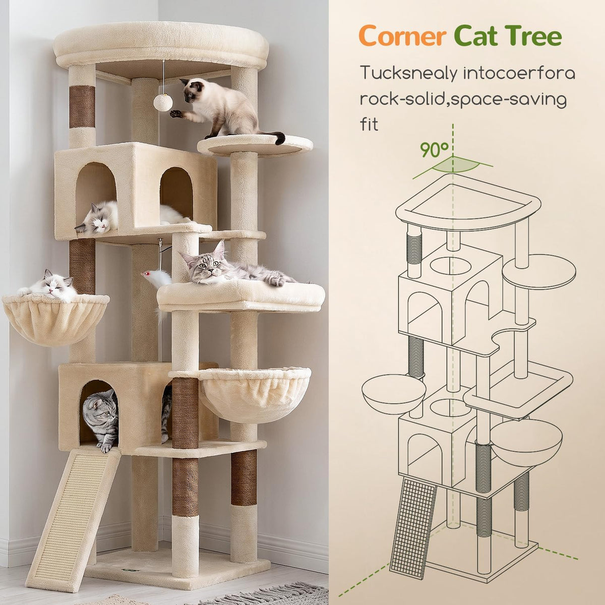 Globlazer Maine Coon Corner Cat Tree for Indoor Cats 74in, C74, Beige