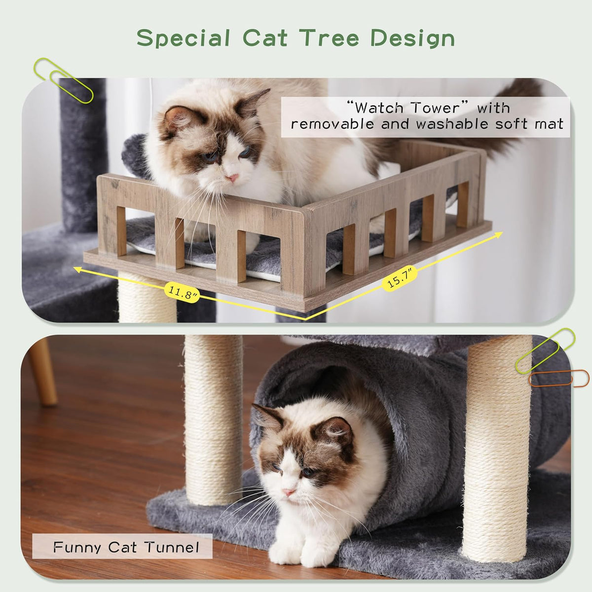 Gitelsnour Cat Tree Tower with Tunnel & Food Station, Wooden Perch GCT021G
