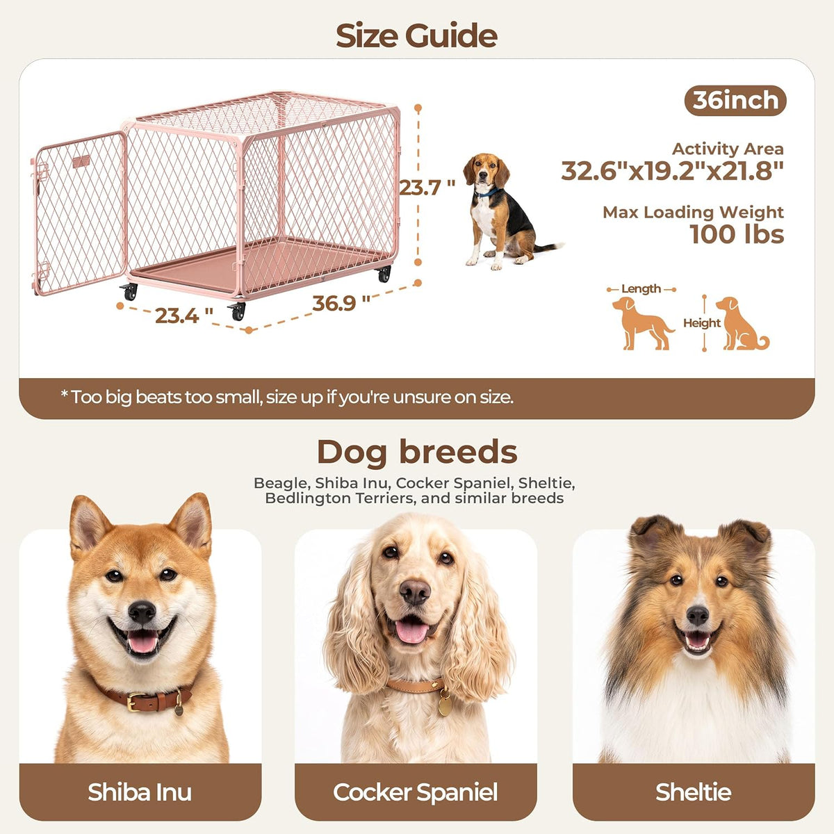 36 Inch Medium Dog Crate with Lockable Wheel, Diamond Mesh Metal Dog Crates for Medium Dogs,up to 100 lbs, Leak-Proof Tray, Easy Assembly&Lightweight Pet Dog Kennel Cage, Light Pink