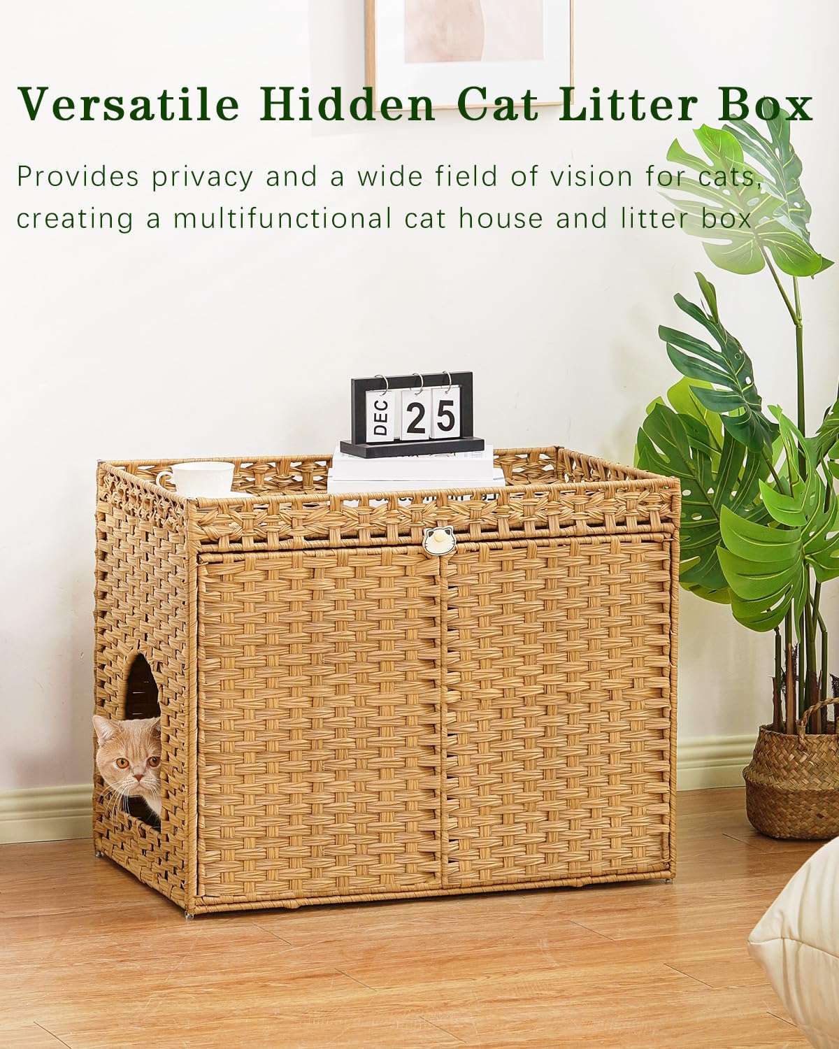 SETVSON Cat Litter Box Enclosure, Extra Large Hidden PE Rattan Natural