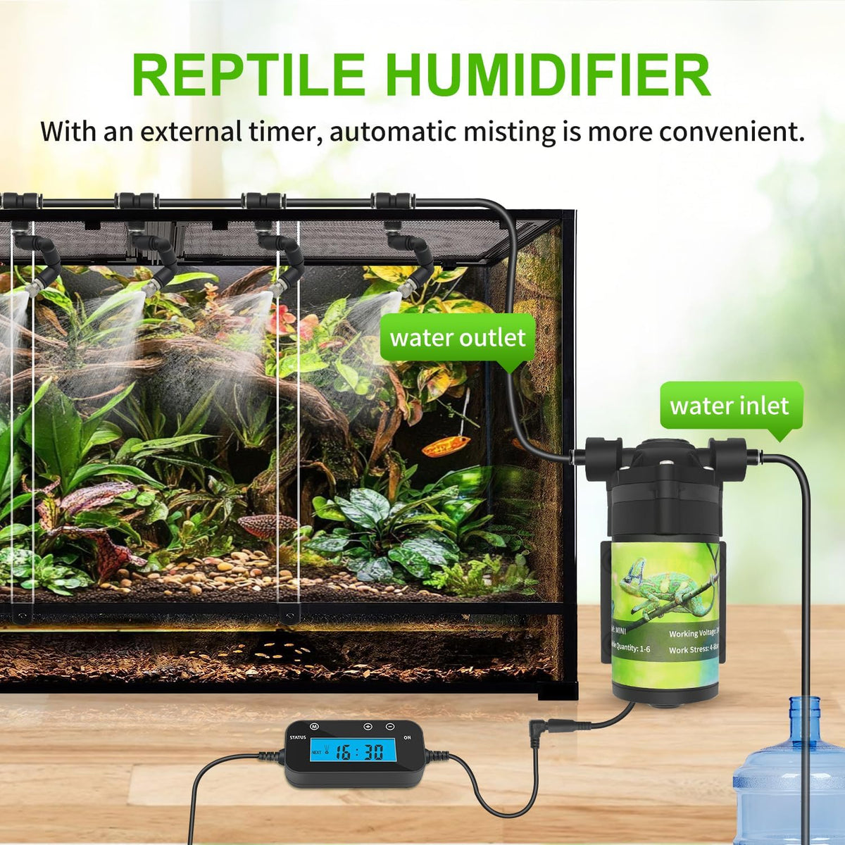 Reptile Mister System, External Timer & 360° Adjustable Nozzle, Humidifier for Reptiles, Amphibians, Rainforest Plants and Aquariums