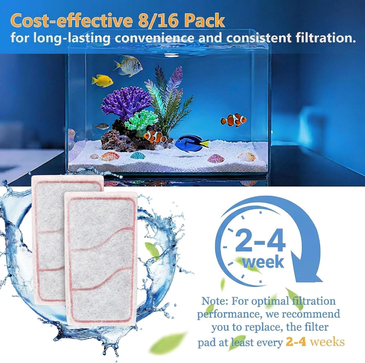Aquarium Filter Cartridges Replacement Compatible with Whisper 3i Internal Fish Tank Filter, Multi-Layer Filter Pad with Cotton, Activated Carbon & Zeolite, 8 Pack