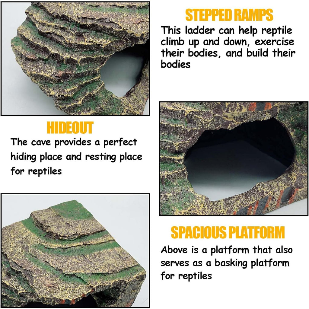 kathson Small Turtles Basking Platform,Resin Reptile Hideouts Cave Habitat Decor,Tortoise Hide Cave with Climbing Ramp Step,Bearded Dragons Hide Basking Rocks Accessories for Lizard,Gecko,Frog