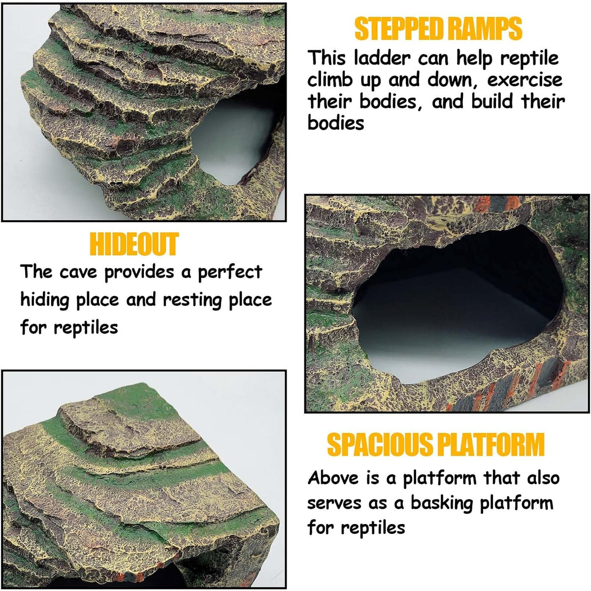 kathson Small Turtles Basking Platform,Resin Reptile Hideouts Cave Habitat Decor,Tortoise Hide Cave with Climbing Ramp Step,Bearded Dragons Hide Basking Rocks Accessories for Lizard,Gecko,Frog