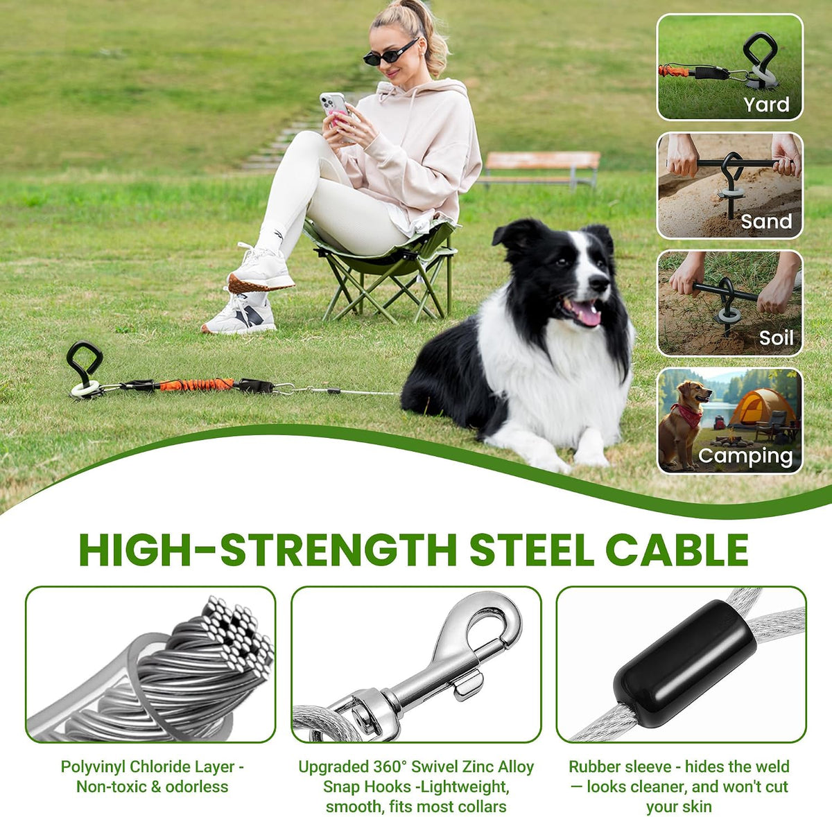 Glow Dog Tie Out Cable and Stake & Shock-Absorbing Bungee Tether