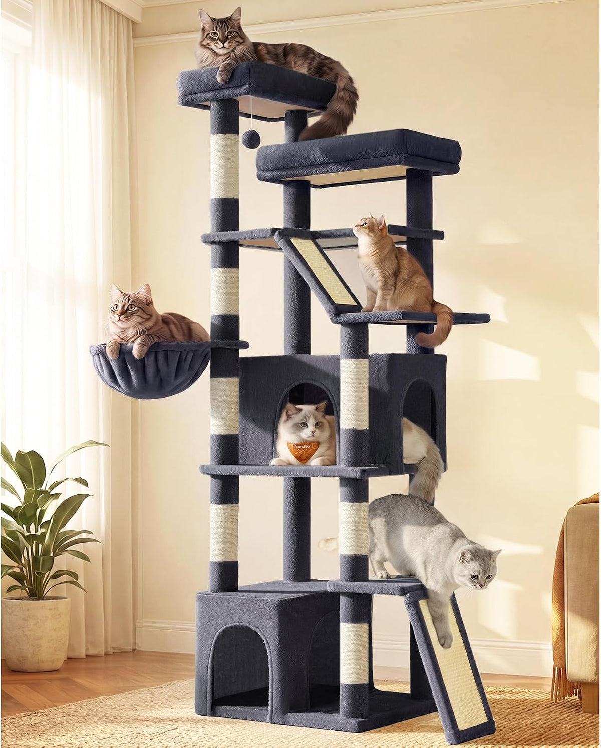 Feandrea Large Cat Tree, 72.6" Tall Sturdy Cat Tower for Indoor, Dark Gray