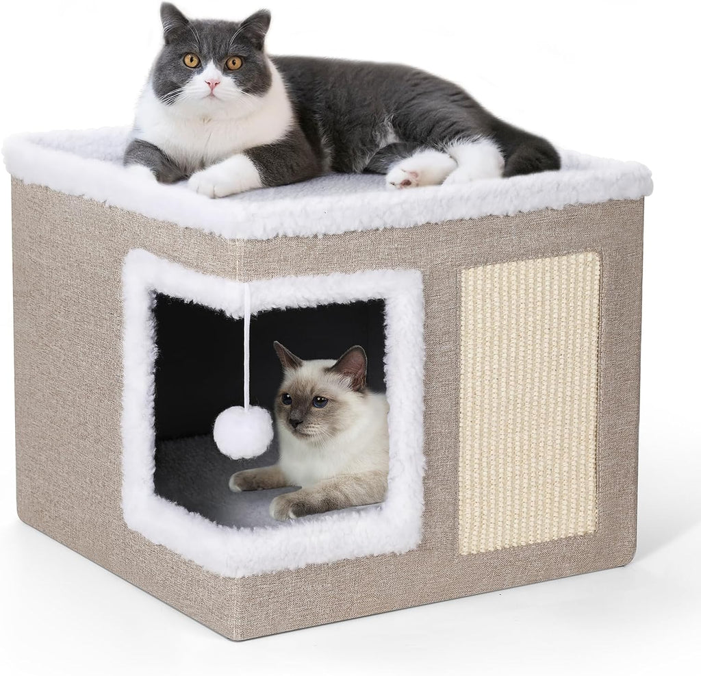 petizer Cat Bed for Indoor Cats, Large Covered Cat House with Scratch Pad, Foldable Cat Cave Bed & Hideaway Cube with Reversible Cushions, Cute Cat Condo for Multi Small Pet Kitten (Dark Grey)