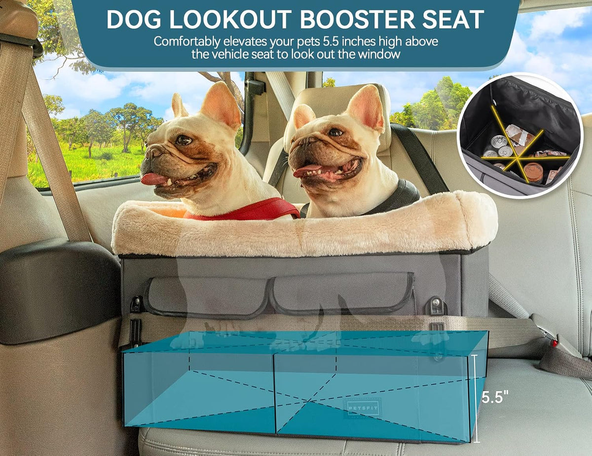 Petsfit Dog Car Seat for Medium Dogs or 2 Small Dogs, Upgraded Dog Booster Car Seat for Front and Back Seats with 2 Safety Leashes (Medium, Deep Grey)
