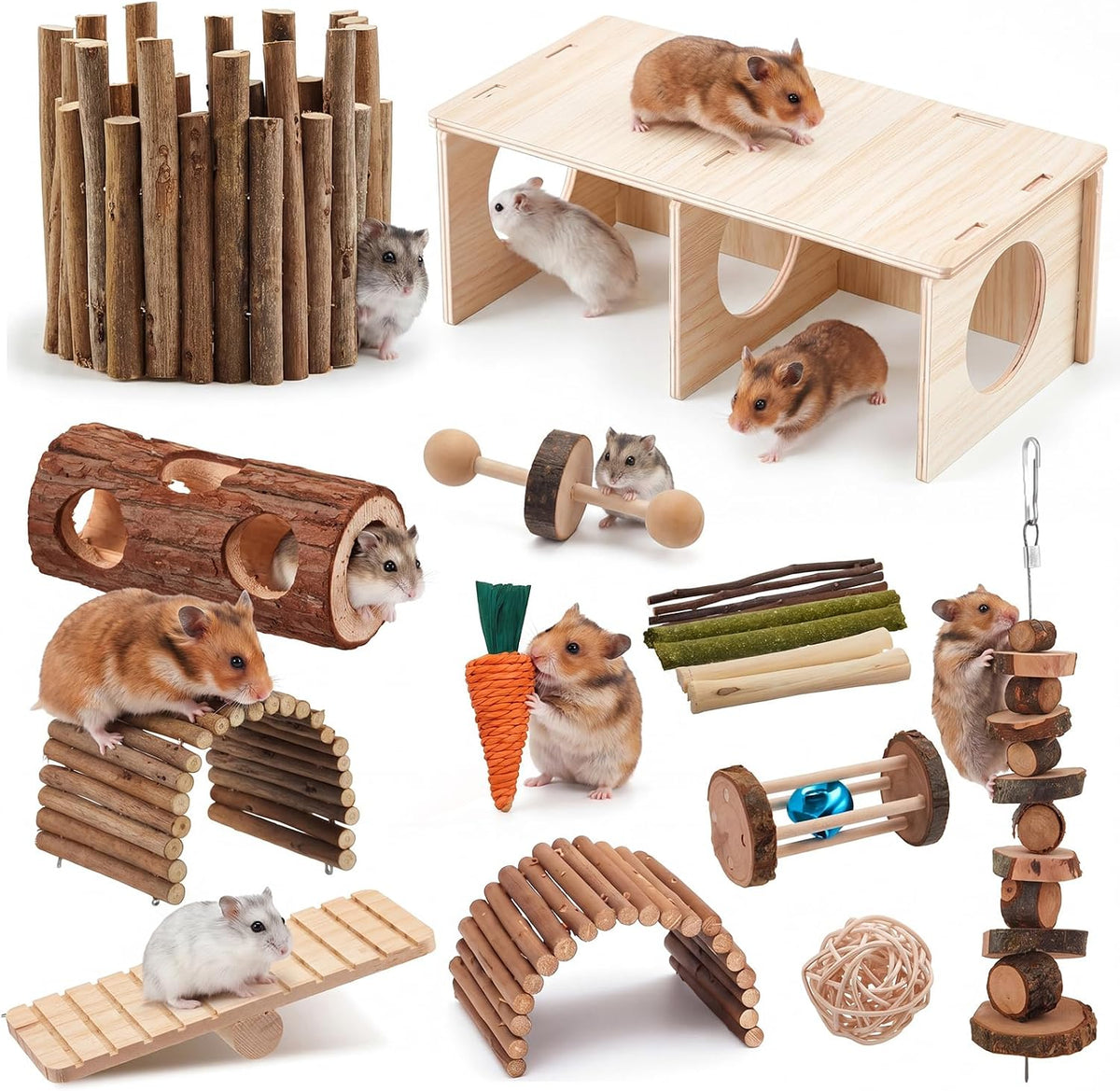 19 Pcs Hamster Cage Accessories Chew Toys Set, Luxury Villa