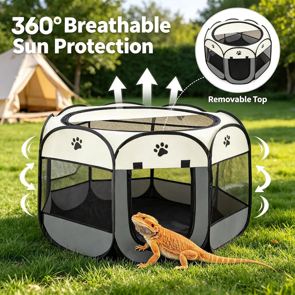 Bearded Dragon Playpen, Foldable Portable Reptile Exercise Pen with Breathable Mesh Top, Indoor Outdoor Small Animal Cage Habitat for Lizard, Bearded Dragon, Hamster, Guinea Pig, Puppy Kitten