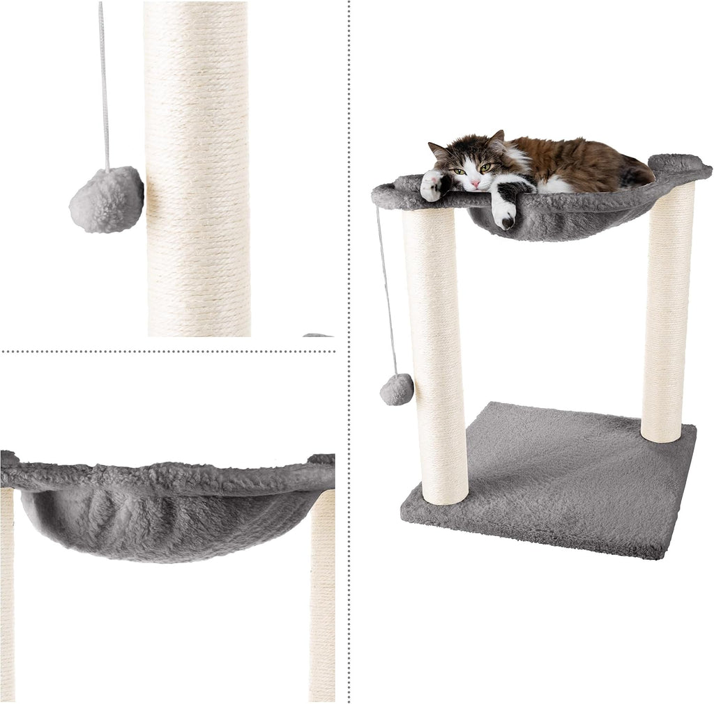 Cat Hammock with Scratching Posts for Indoor Cats - 19-Inch-Tall Cat Tree with Hanging Ball Toy for Adult Cats and Kittens by PETMAKER (Gray)