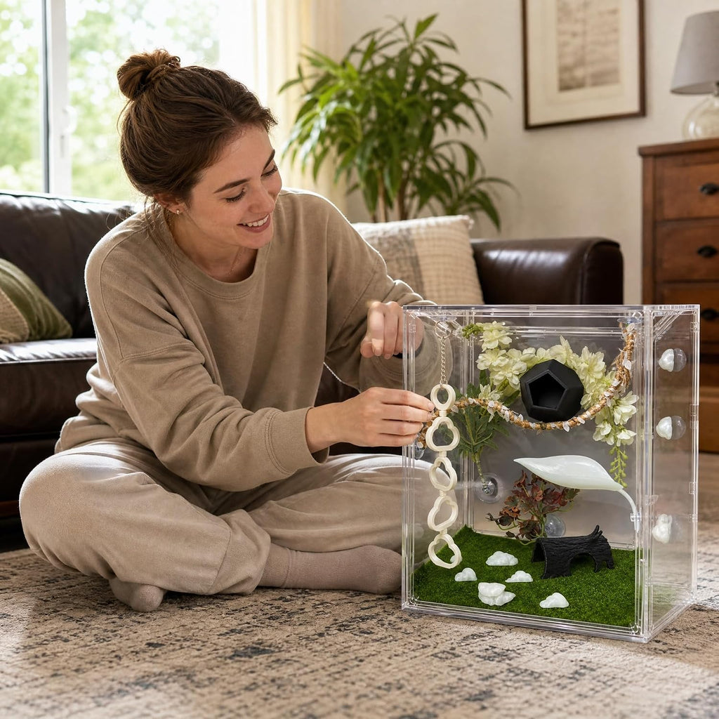 9-Piece Crested Gecko Tank Accessories Set, White Reptile Terrarium Decor with Bendable Vines, Artificial Plants, Climbing Ladder, Leaf Platform and Hideouts for Geckos and Lizards
