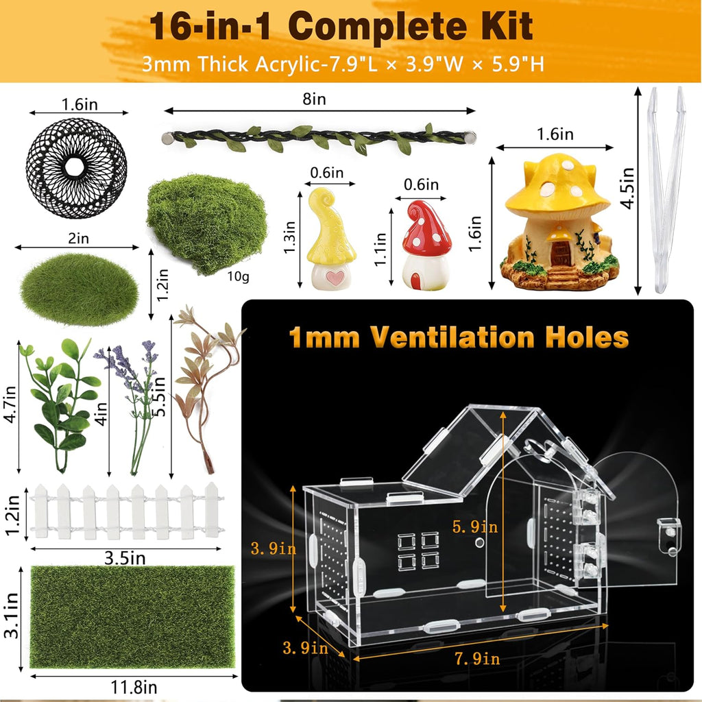 Acrylic Jumping Spider Enclosure Kit 19PCS with Decor