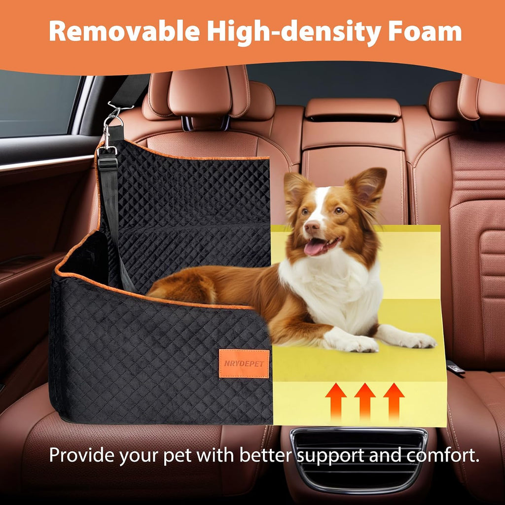 Dog Car Seat for Medium Dogs or 2 Small Dogs, Memory Foam Booster with Bonus Pillow & Removable Washable Cover, 2 Safety Leashes, Anti-Slip Base - Supports 50lbs (Black)