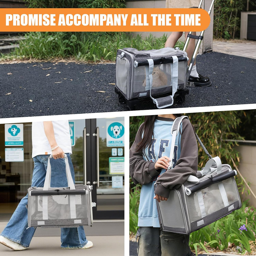 Pet Carrier with Wheels - Soft-Side Wheeled Cat Carrier for Dogs with Telescopic Handle, Collapsible Rolling Pet Travel Bag Carrier for Large Cats Small Medium Dogs for Camping Vet Visiting Grey