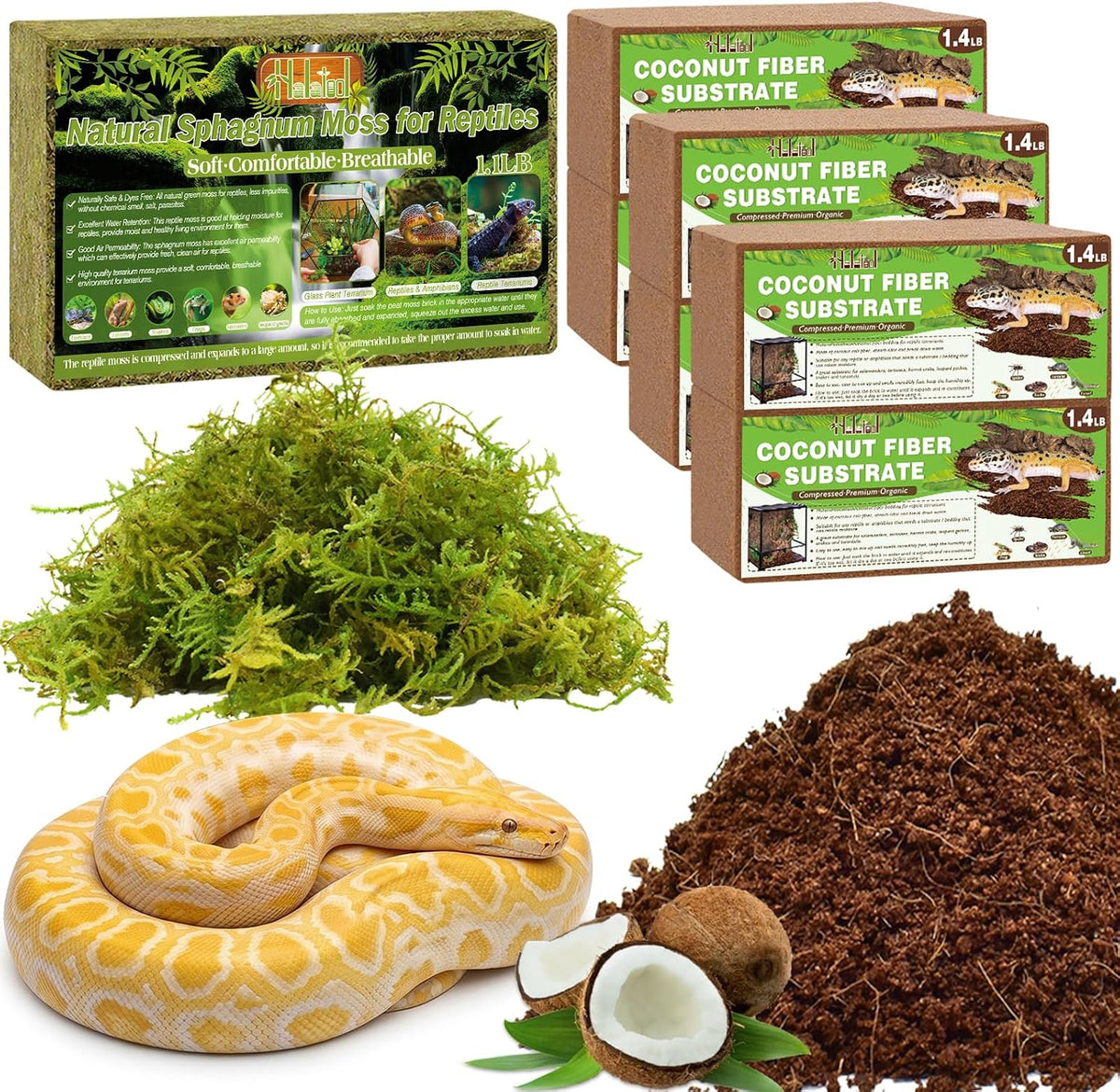 1.1LB Sphagnum Moss with 6-Pack Coconut Fiber Substrate for Reptiles, Terrariums, Humidity Retention, Bedding, Nesting & Burrowing