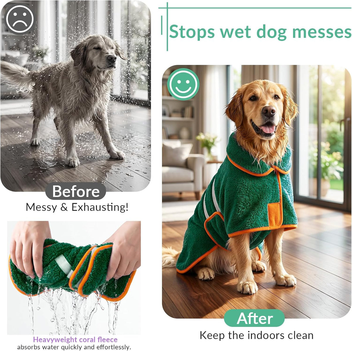 Bienbee Dog Bathrobe, Super Absorbent for Small to Large Dogs, Green XL