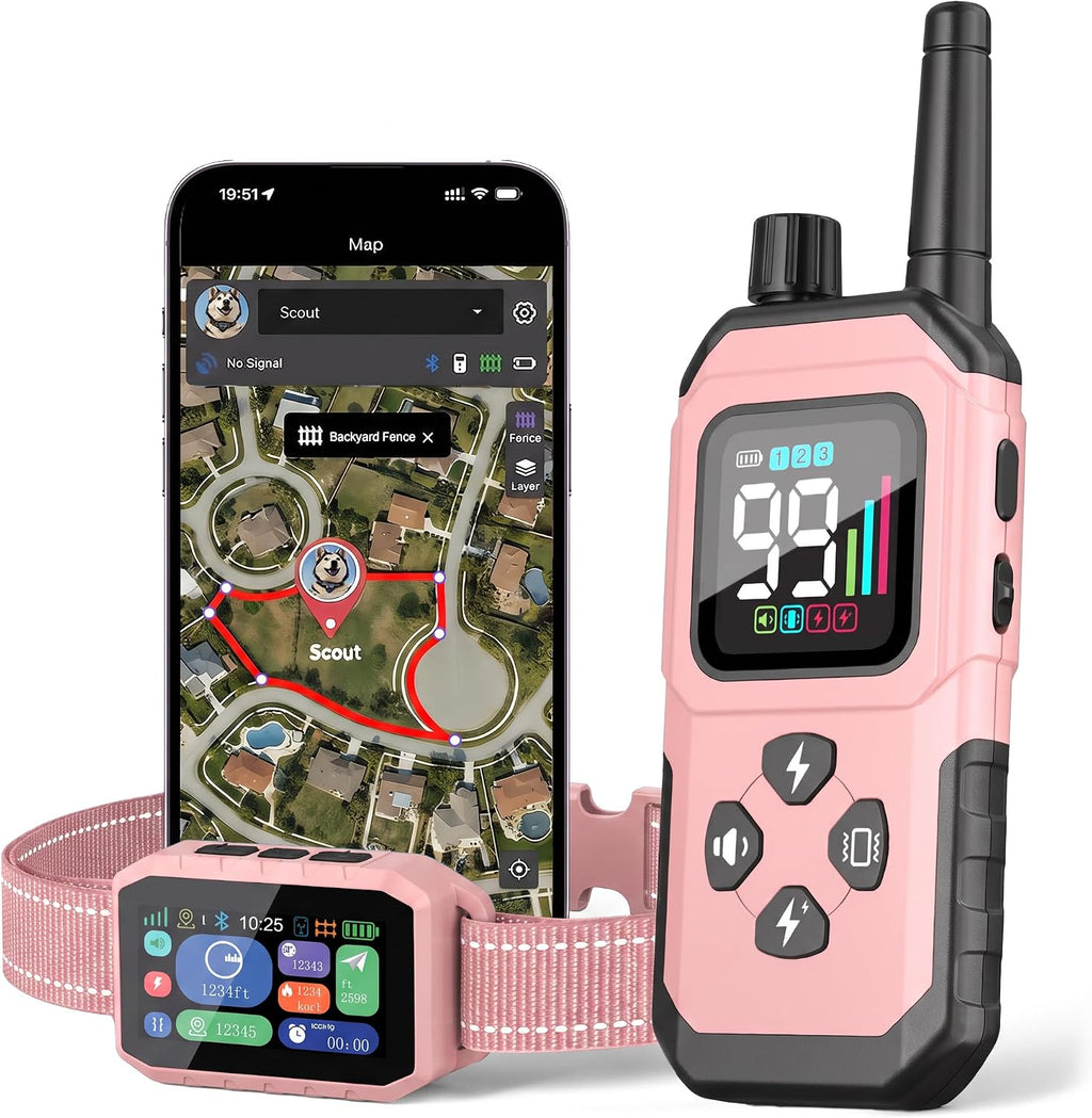 GPS Wireless Dog Fence with Remote Training Collar, Free App Control, Custom Polygon Boundary, No Monthly Subscription, Virtual Fence for Dogs 10-120 lbs, Pink
