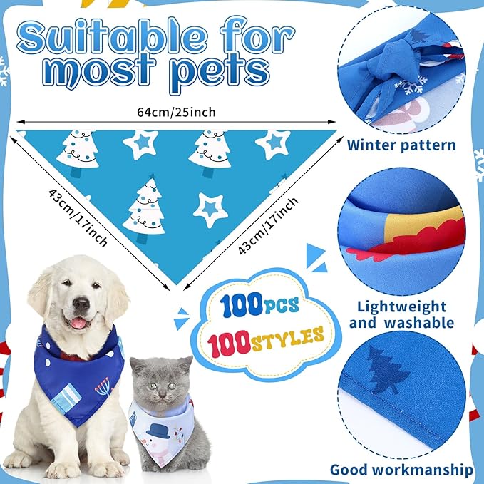 100 Pcs Winter Dog Bandanas Bulk Pet Bibs Blue Triangle Scarf Snowflake Pet - Image 2