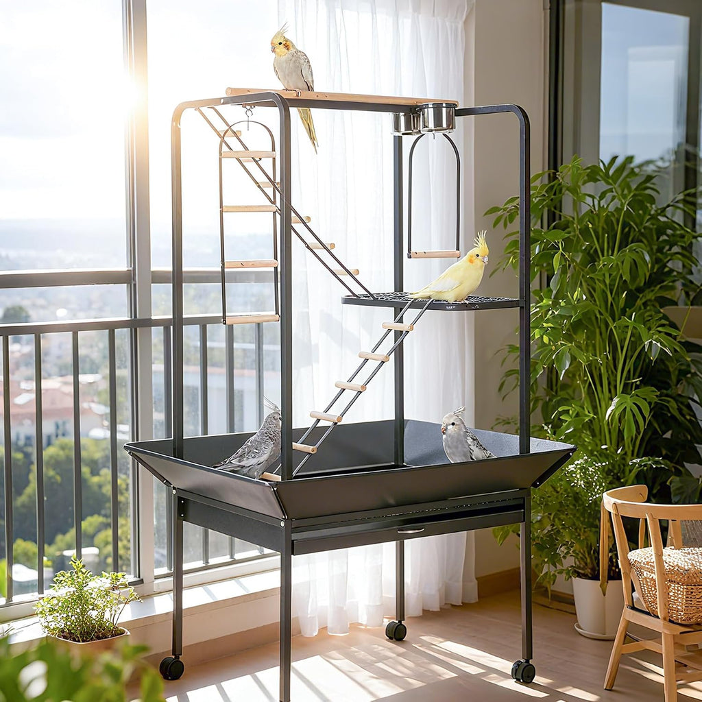 Versatile Bird Cage Stand with Wheels – Perches & Ladders, Black Hammer Finish Finish – Indoor/Outdoor Parrot Playstand for Conures, Macaws, Budgies, Cockatiels, Lovebirds, Parakeets