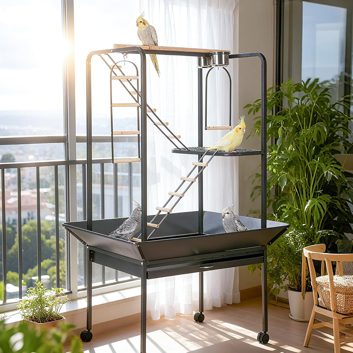 Versatile Bird Cage Stand with Wheels – Perches & Ladders, Black Hammer Finish Finish – Indoor/Outdoor Parrot Playstand for Conures, Macaws, Budgies, Cockatiels, Lovebirds, Parakeets
