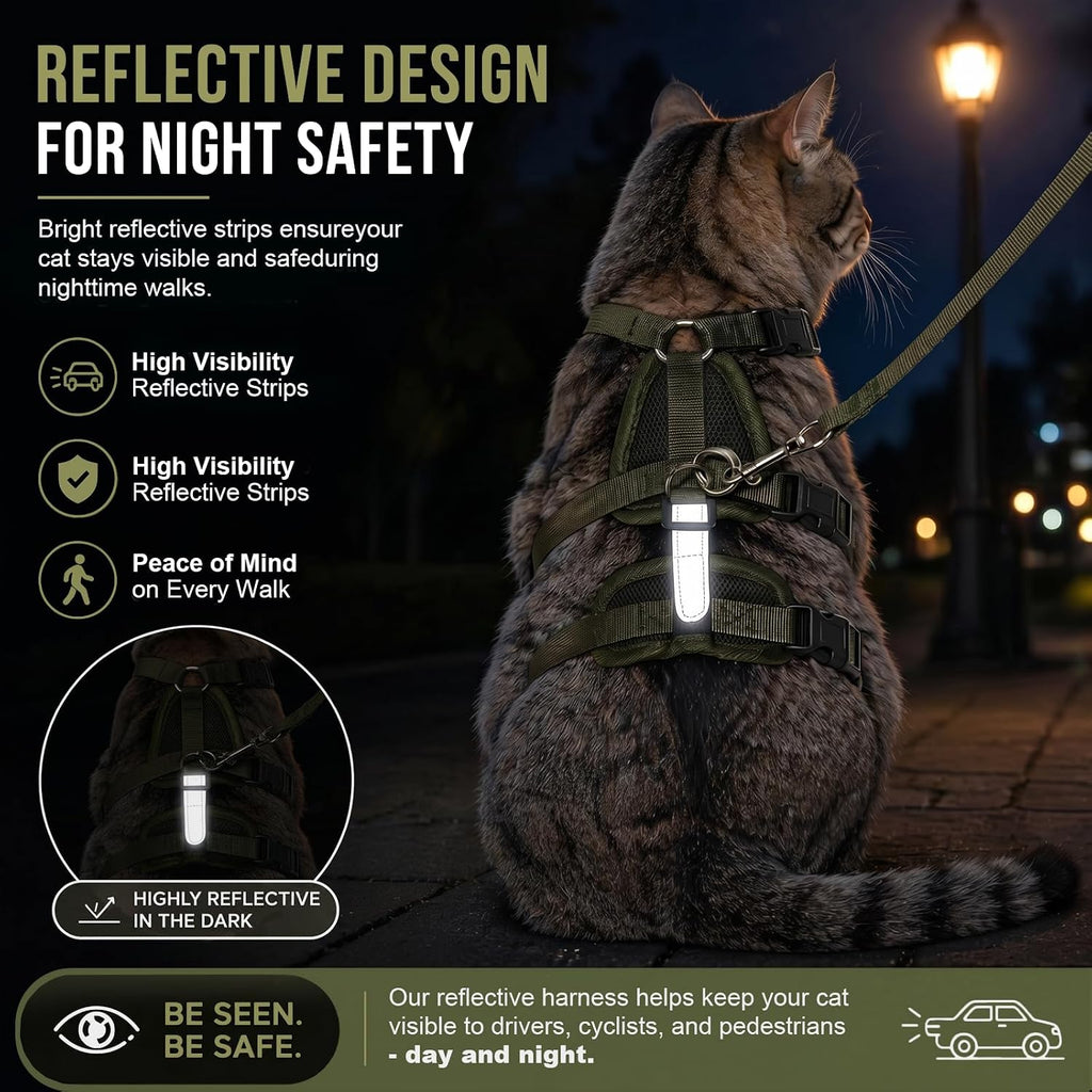 Escape Proof Cat Harness and Leash Set for Walking, 3-Point Adjustable Soft Mesh Kitty Vest Harness with Reflective Strip, Tactical Olive Green Adventure Pet Harness for Small to Medium Cats (S)