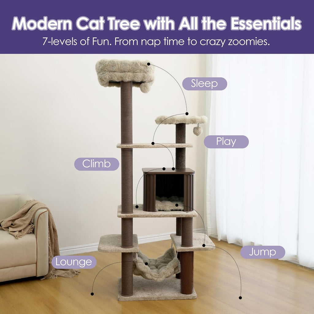 Catry 7-Level Cat Tree for Indoor Cats, Multi-Level Cat Tower with Replaceable Paper Rope Scratching Posts, Elevated Perch Bed, Cozy Condo Hideaway, Hammock, Plush Shag Fur Padding & 2 Hanging Toys