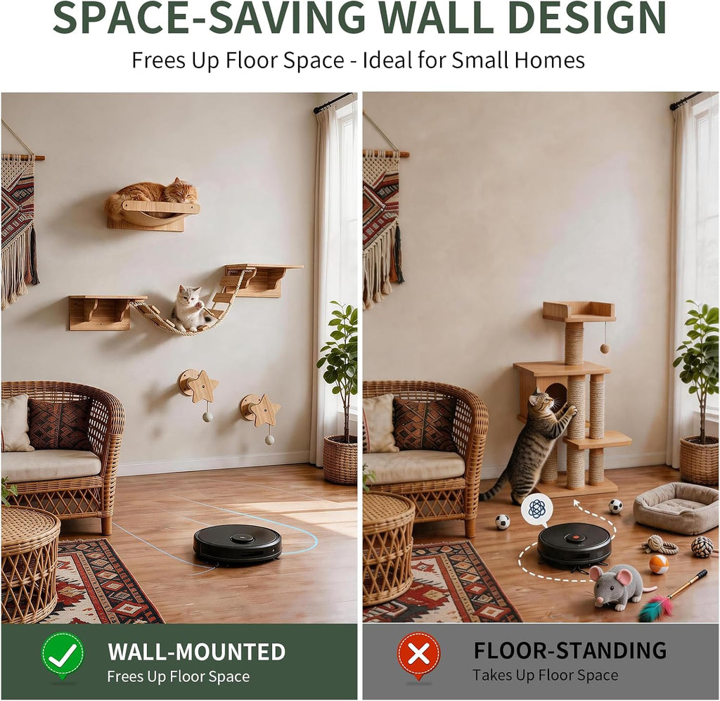 Cat Wall Shelves, 6-in-1 Solid Wood Wall Mounted Cat Furniture Set with Sisal Scratching Post, Hammock, Rope Bridge & Perches, Space Saving, Holds 40 lbs for Indoor Cats