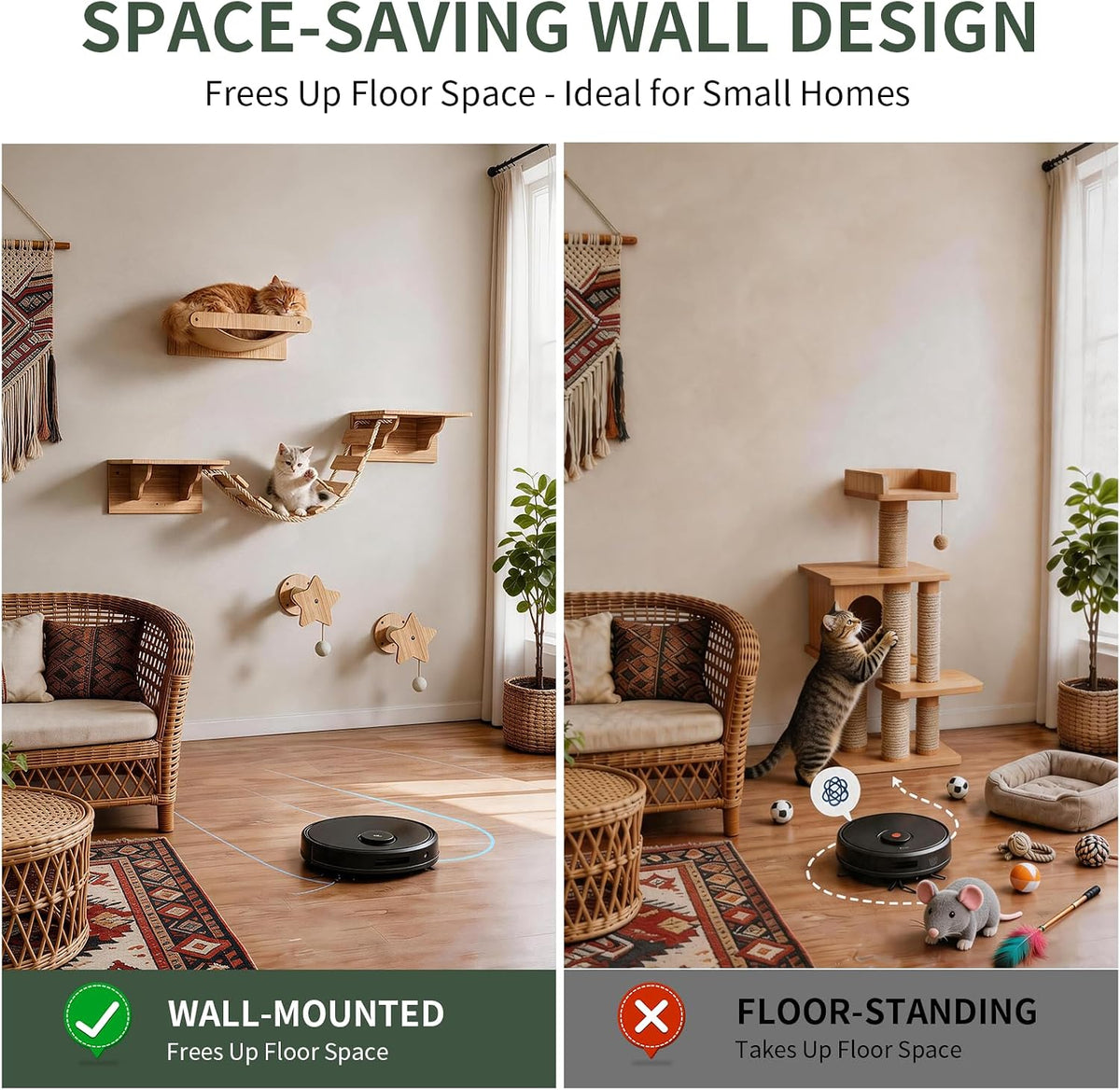 Cat Wall Shelves, 6-in-1 Solid Wood Wall Mounted Cat Furniture Set with Sisal Scratching Post, Hammock, Rope Bridge & Perches, Space Saving, Holds 40 lbs for Indoor Cats