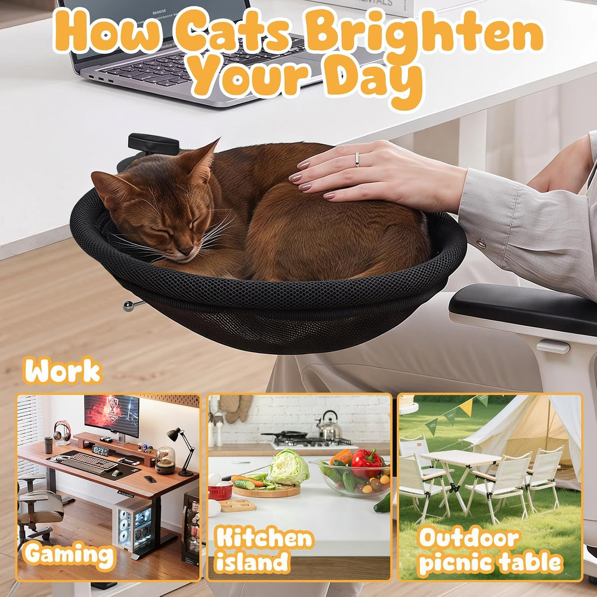 Cat Desk Bed, 16" Desk Mounted Cat Hammock with 360°Swivel Arm,Up to 45LBS