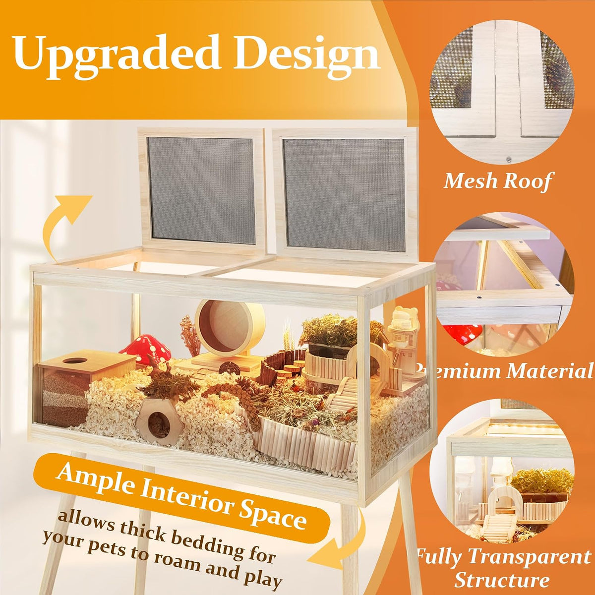 PROLEE Hamster Cage Chewproof, Mice and Rat Habitat with Transparent Sides, Hamster Cage with Openable Mesh Top, Solid Built with Lock Design and Leg Stand, 32" Long