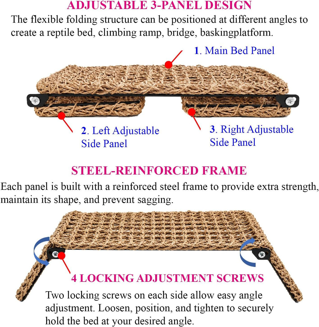 Foldable Bearded Dragon Bed with Reinforced Steel Frame, Adjustable 3-Panel Seagrass Reptile Lounger, Multi-Angle Climbing Ramp, Basking Platform & Lizard Hammock for Reptile Tank Accessories