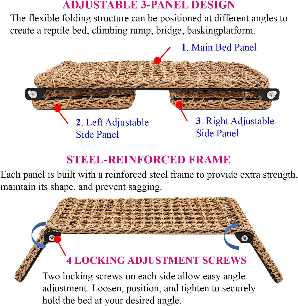 Foldable Bearded Dragon Bed with Reinforced Steel Frame, Adjustable 3-Panel Seagrass Reptile Lounger, Multi-Angle Climbing Ramp, Basking Platform & Lizard Hammock for Reptile Tank Accessories