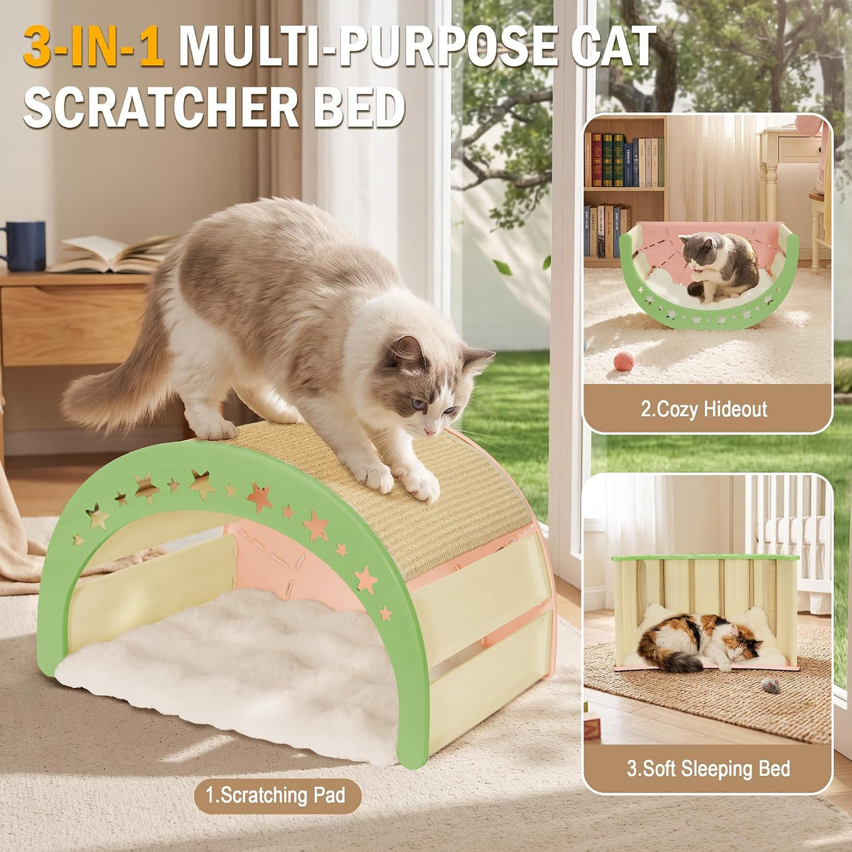 3-in-1 Crescent Elevated Cat Bed with Removable Sisal Scratcher & Soft Fleece Mat, Rocking Cat Hammock Lounge for Indoor Cats, Kittens & Small Animals, Pink