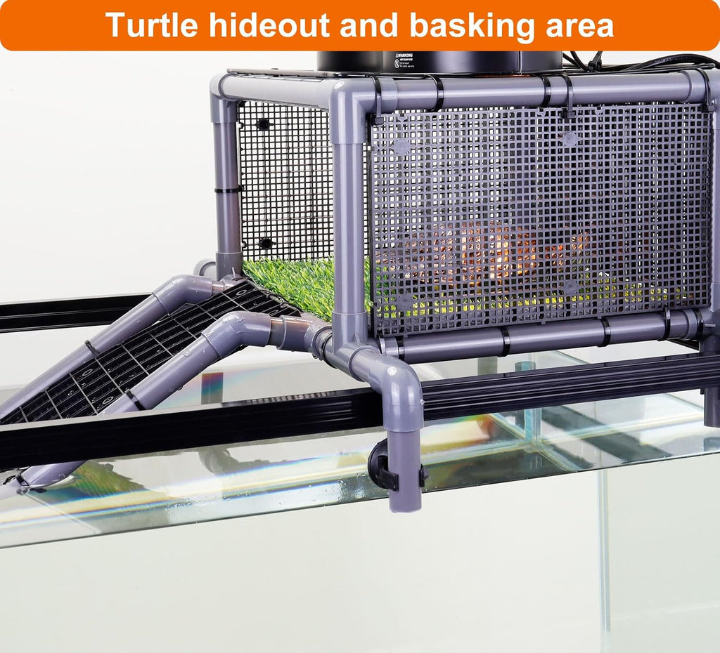 Extra Large Turtle Basking Platform, RES Basking Dock, Above Tank Dry Resting Area with Artificial Grass, Non-Slip Aquatic Turtles Ramp, Turtle Accessories for 75/90/125 Gal