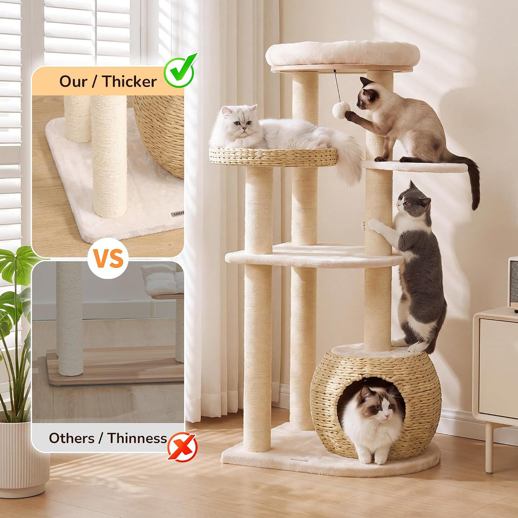 44.8in Modern Cat Tree, White Cat Condo Cats Tower with Cozy Bed & Sisal Scratching Posts, Scratching Ramp and Comfort Basket for Indoor Cats