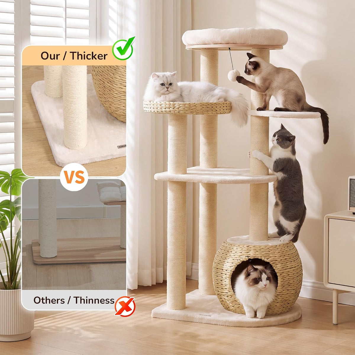 44.8in Modern Cat Tree, White Cat Condo Cats Tower with Cozy Bed & Sisal Scratching Posts, Scratching Ramp and Comfort Basket for Indoor Cats