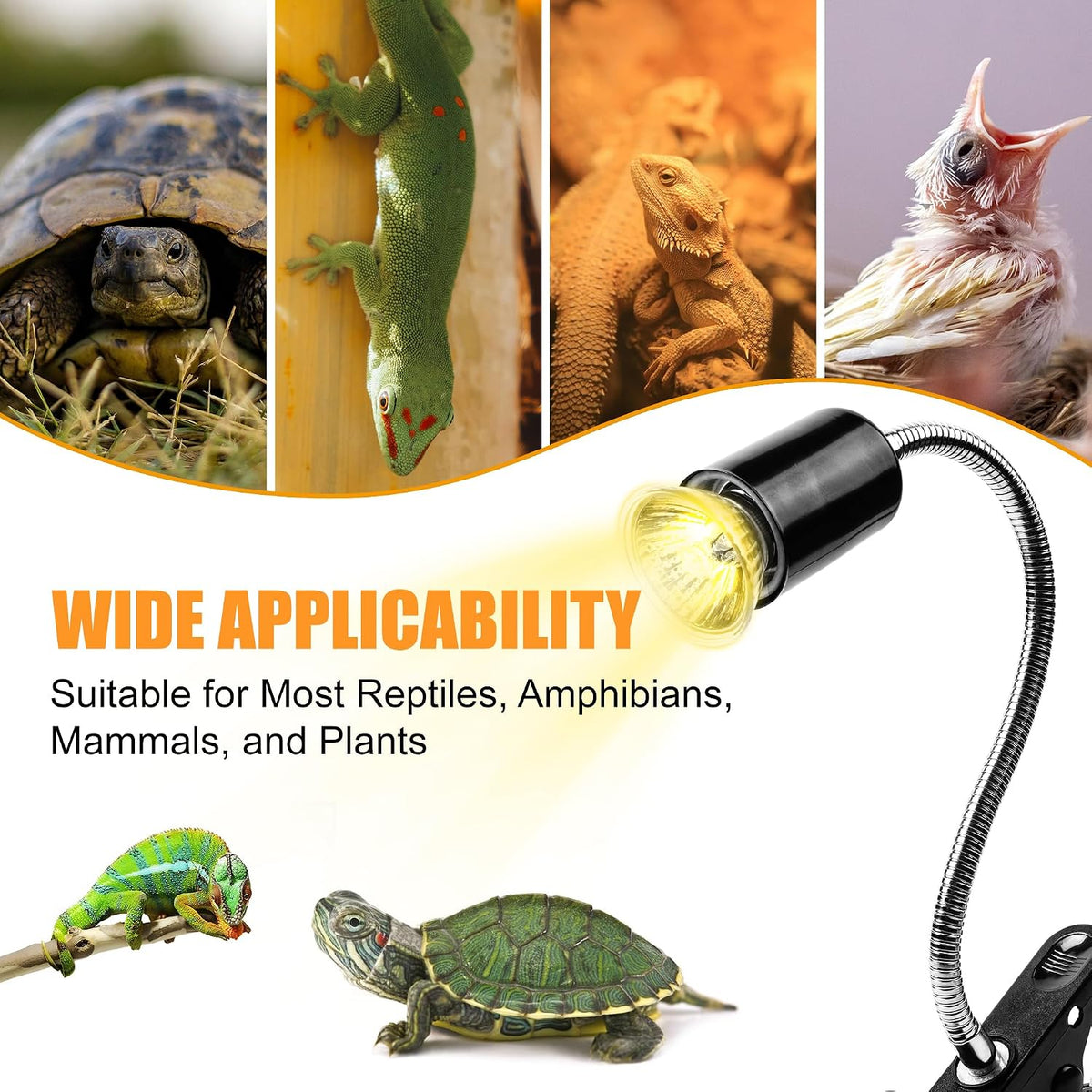 Reptile Heat Lamp, UVA UVB Turtle Basking Light with 50W Heating Lightbulb and 360° Rotatable Clip, UV Heatlamp for Turtle Tank, Tortoise, Lizard, Reptiles, Terrarium, Snake, Gecko, Spiders
