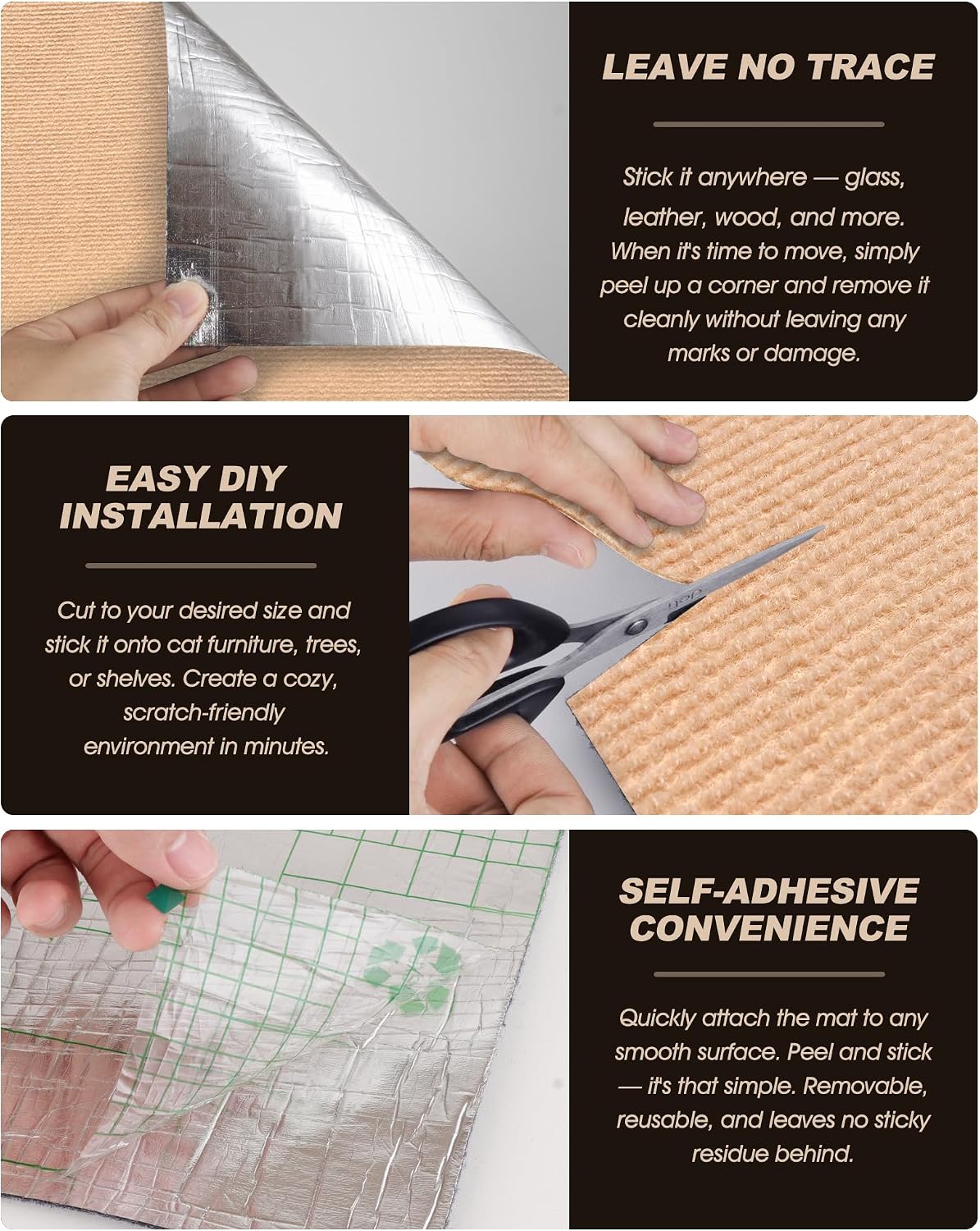 Cat Scratch Furniture Protector, Trimmable Self-Adhesive Carpet, DIY Climb Cat Scratcher Mat for Covering Cat Tower and Couch Protector from Cat Claws（Beige）