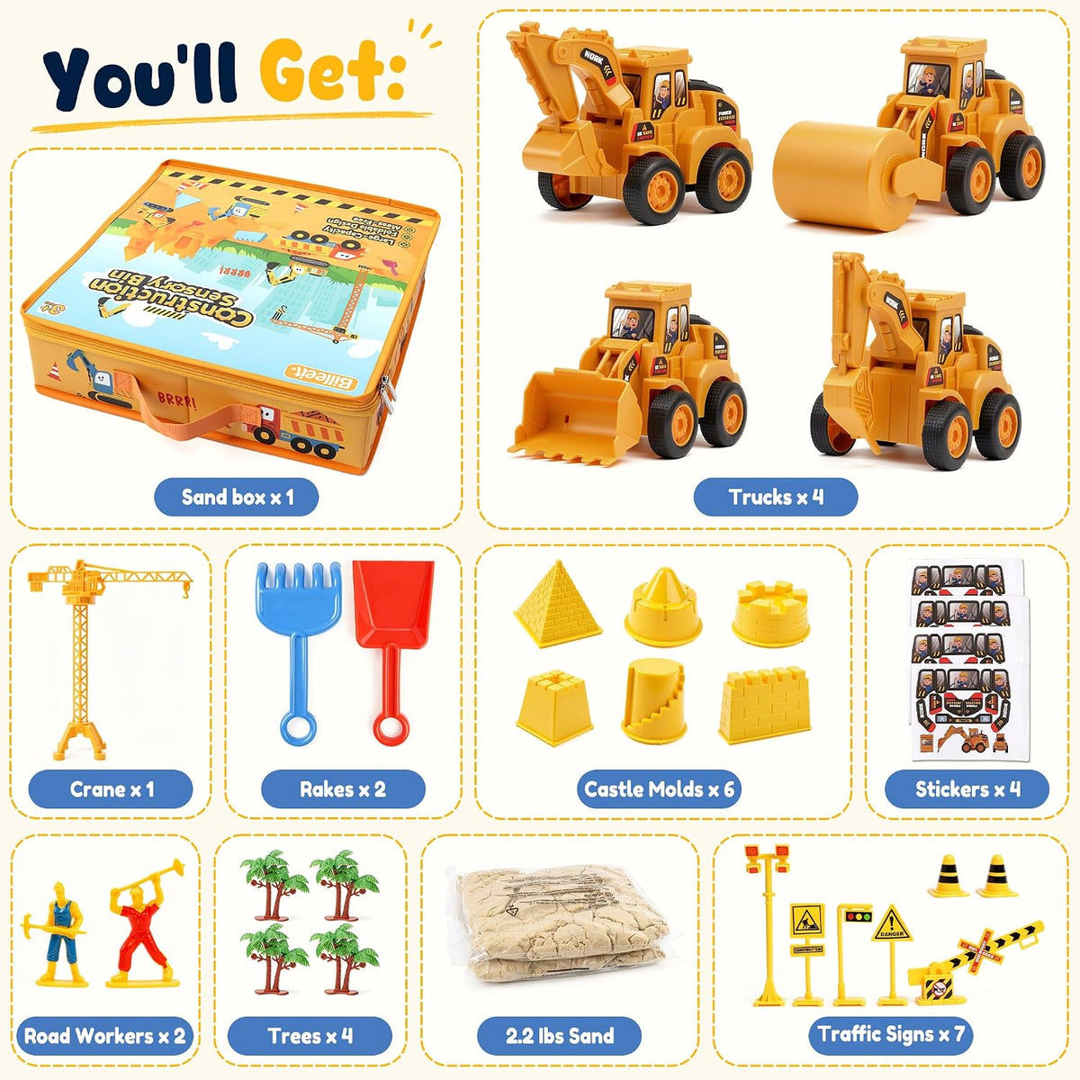 Billeeit Sand Construction Kit w/Sand Box, Sand, Trucks & Tools 30+Pcs