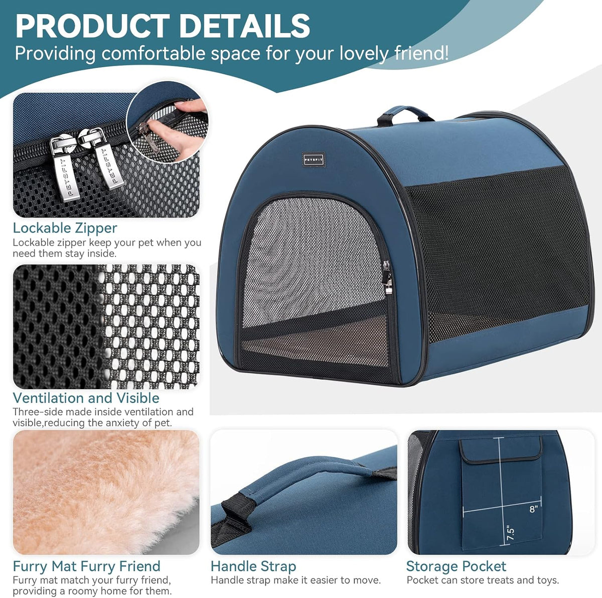 PETSFIT Portable Dog Crate, Travel Dog Crate - 19 Inch Lightweight, Roomy, Easy to Set Up, Sturdy Collapsible Dog Kennel with Thick Mat, Navy Blue