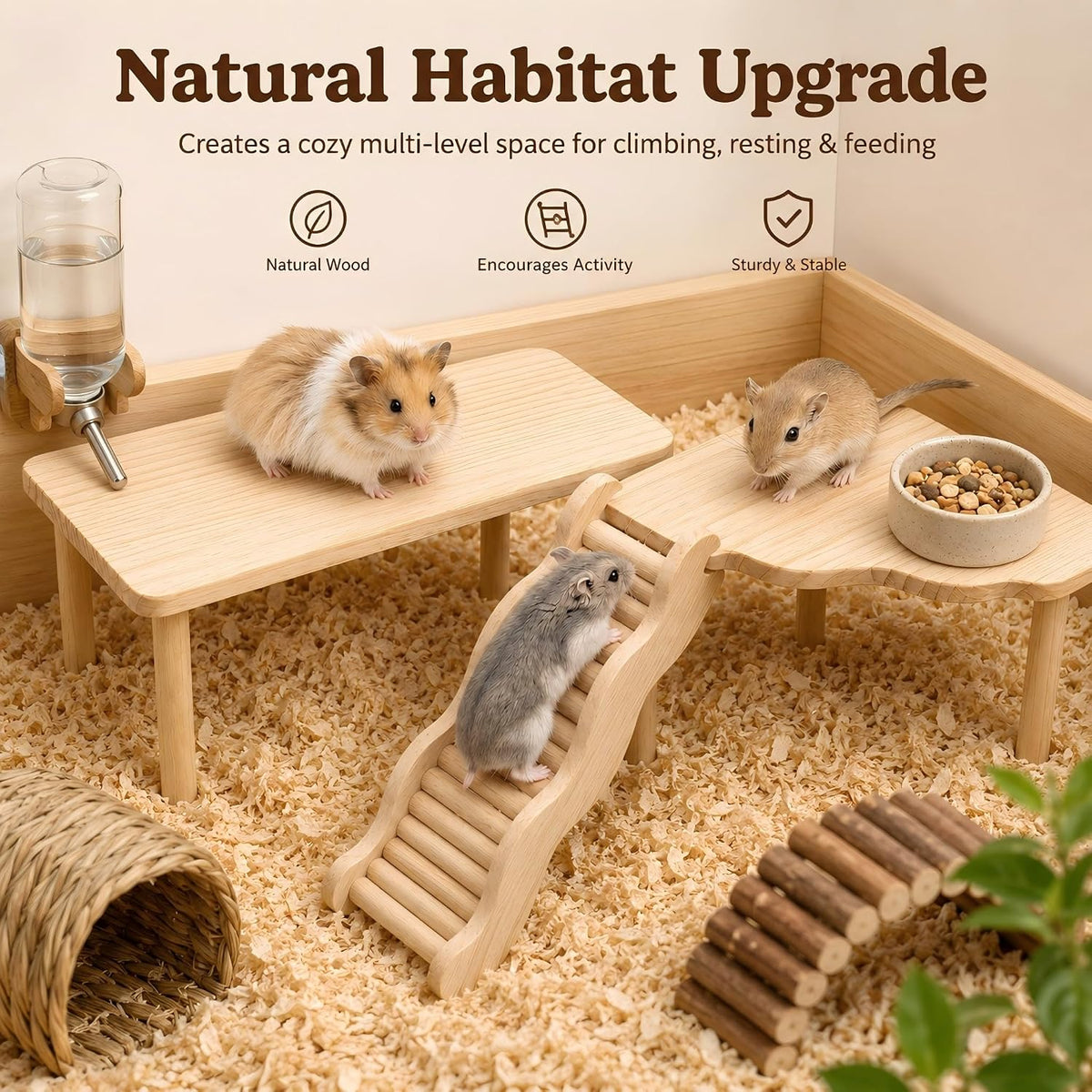 3-Piece Hamster Wood Platform Set with Wave Climbing Ladder, Natural Cage Accessories with Food & Water Stations, Climbing Enrichment for Dwarf, Syrian Hamsters, Mice & Gerbils
