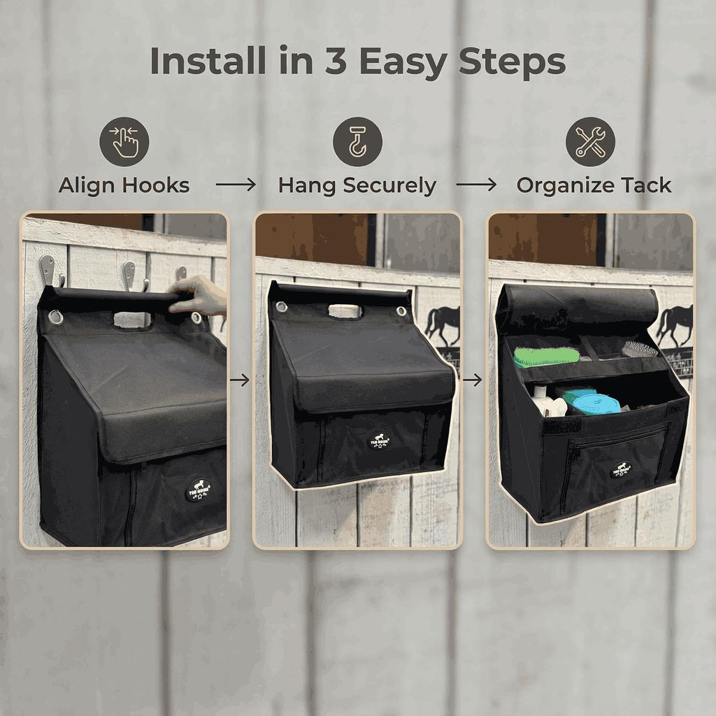 Stall Front Organizer Bag, Black, Multi-Compartment Storage, Horse Grooming Supply Holder with Top Loading Design